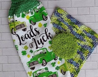 St Patrick's day towel set, READY-TO-SHIP, housewarming gift kitchen decor towel for stove 100% cotton handmade crochet, green vintage truck