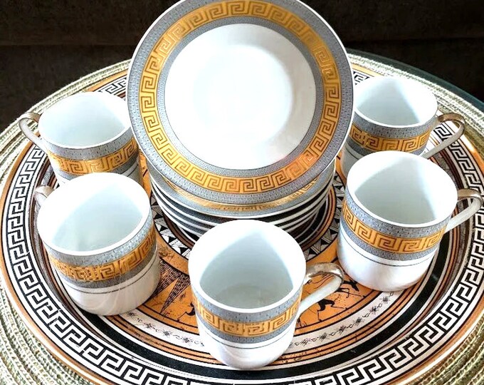 Vintage Greek Demitasse Cups Saucers Set of 5, SK Hand Made in Greece