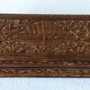 Antique Hand Carved Jewel Box Wood Peacock Leaf Design
