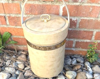 1970s Insulated Ice Bucket Leonard Silver Company Shelton Ware New York Tan Ultrasuede  Barware