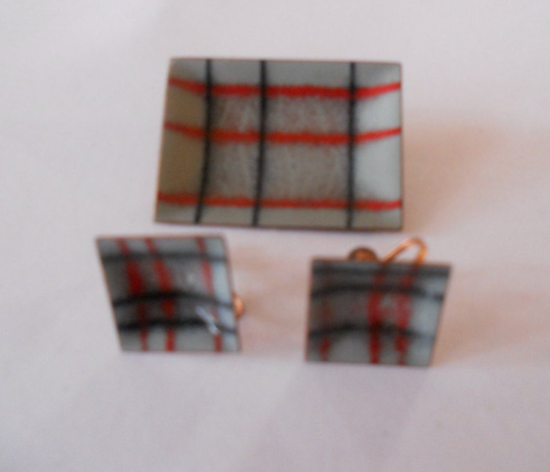 Mid Century Enamel and Copper Brooch with matching Earrings