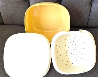 Juego de 3 vaporeras para arroz y verduras Tupperware, color oro cosecha, década de 1980.