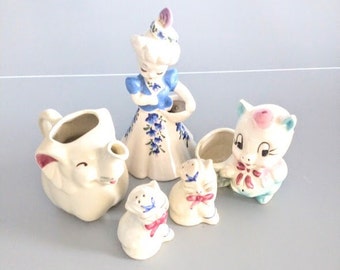 Sale! 1950's Shawnee: Elephant Pitcher, Puss n' Boots Shakers, Piggy Vase and A De Lee Figurine