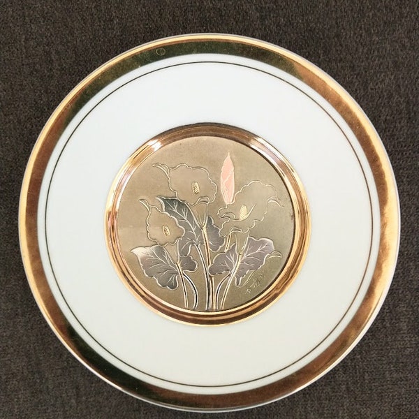 Chokin plate copper and gold calla lilies Japan Tall