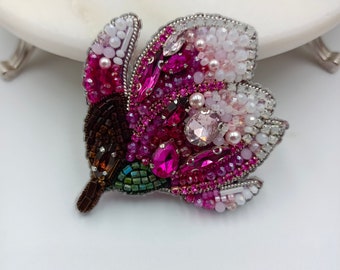 Handmade Bead Embroidered Magnolia Brooch, Pink Flower Brooch, Crystal Shiny Fuchsia Collar Pin, Elegant Design Gift For Mother's Day Gift