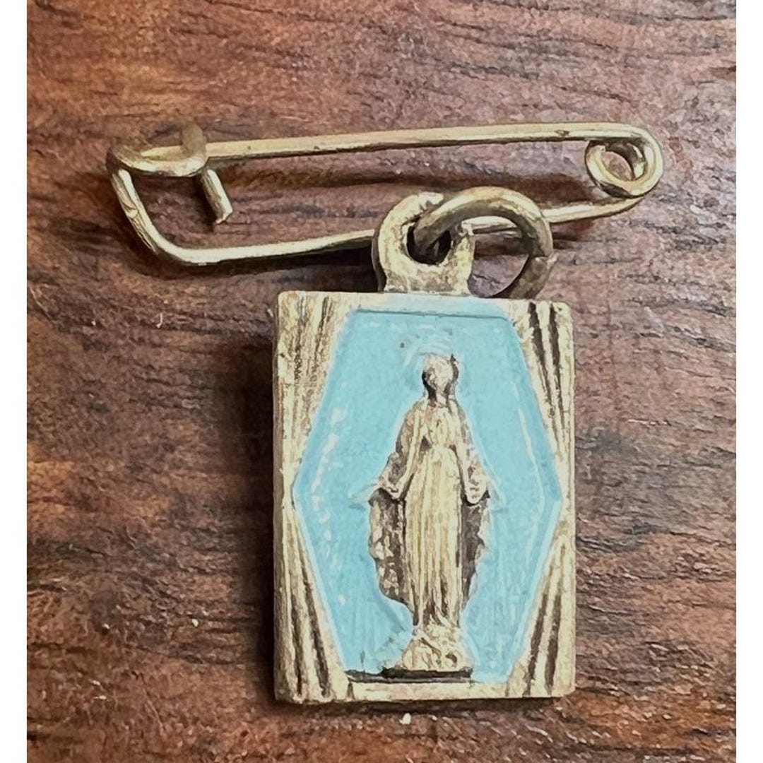 Vintage Miraculous Medal Pin Made in Italy Blue Enamel Catholic Marian ...