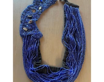 Vintage Collar Necklace Blue Glass Bead Avant Garde Costume Statement Bib READ