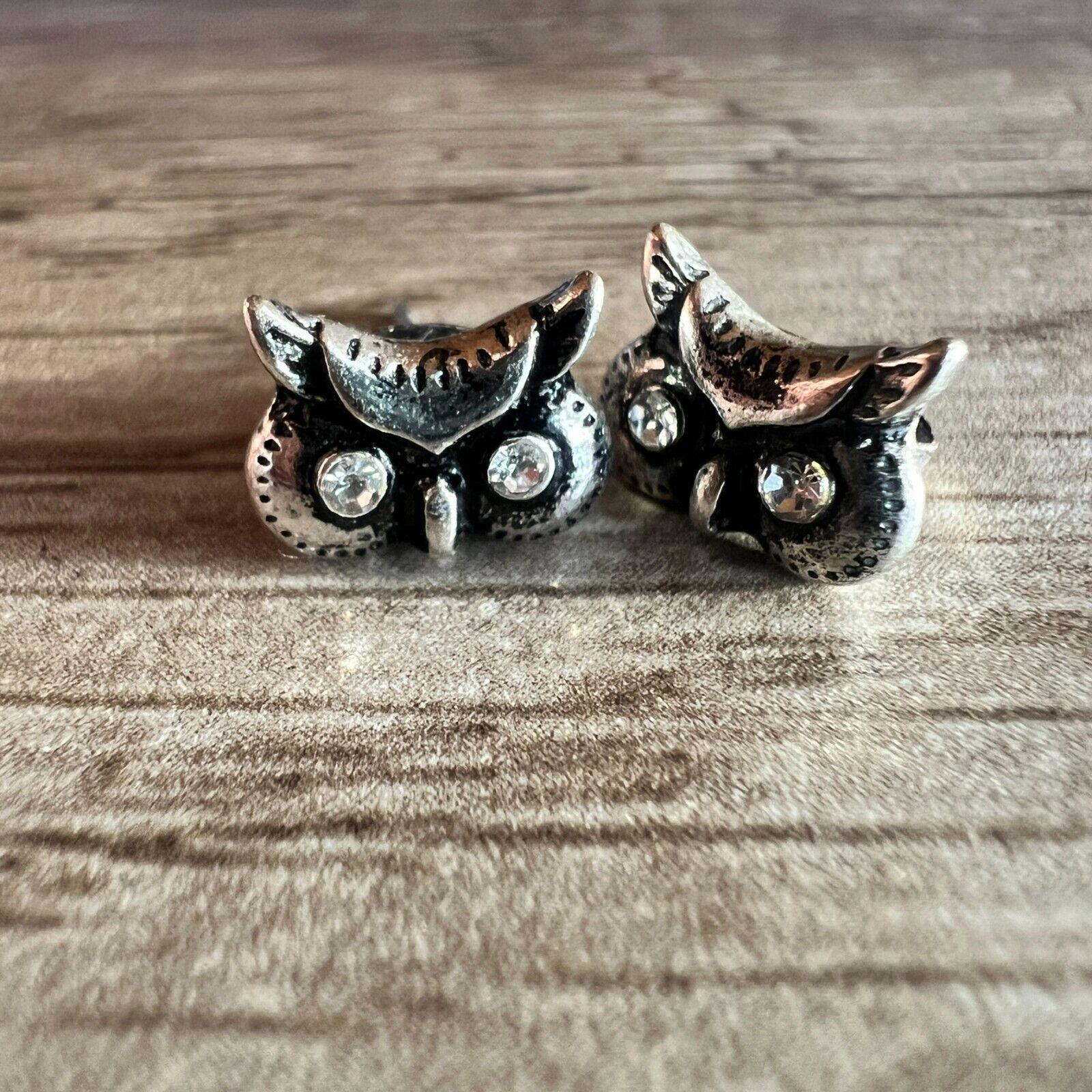 Tiny Vintage Owl Stud Earrings  Antiqued Silver Tone with Rhinestone Eyes  Whimsical Woodland Retro