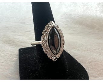 Vintage Avon Silver Marquise Black Stone Ring Adjustable 7 8 Romantic Gothic