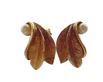 Vintage BSK Clip-on Earrings Gold Textured Double Leaf Faux Pearl Botanical