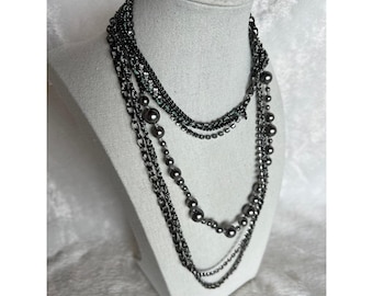 J Crew Layered Necklace Silver Beaded & Chain Rhinestone Multi Strand Waterfall