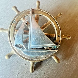 Vintage Nautical Brooch Sailboat & Ship Wheel Maritime Jewelry Mixed Metal Silver Brass Coastal Grandma Sailor Core Retro