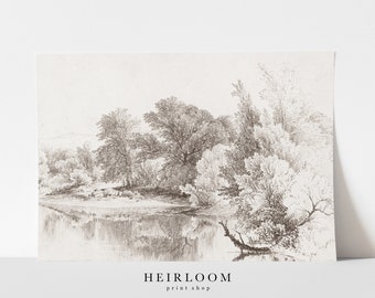 Landscape Print | Drawing | Antique Art Print | ART PRINTS | Riverside