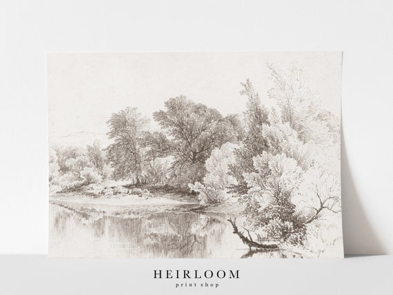 Landscape Print | Drawing | Antique Art Print | ART PRINTS | Riverside