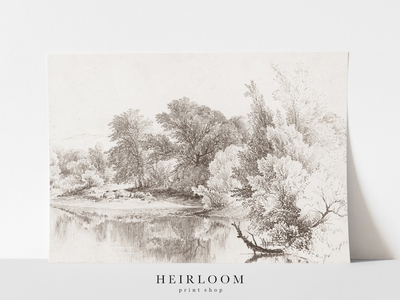 May include: A black and white pencil drawing of a landscape with trees and a river. The drawing is on a white background.