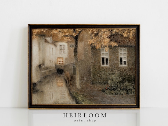 English Cottage Art | Vintage Fall Landscape Print | MAILED | Canal at Dusk