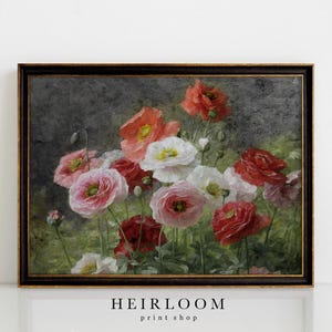 K&ouml;nnte beinhalten: Gerahmtes Blumenbild mit roten, rosa und wei&szlig;en Mohnblumen. Das Kunstwerk hat einen dunklen Hintergrund und ist in einem dunkelbraunen Rahmen gefasst. Der Text "HEIRLOOM print shop" befindet sich unten.