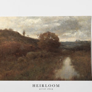 May include: A painting of a landscape with a stream running through it. The stream is surrounded by trees and bushes, and the sky is cloudy. The colors are muted and earthy, with shades of brown, green, and gray.