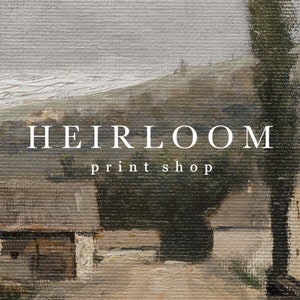 May include: A painting of a rural landscape with a small village in the distance. The painting is in a muted color palette of browns, greens, and grays. The text "HEIRLOOM printshop" is superimposed on the painting.