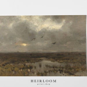 May include: A painting of a landscape with a cloudy sky and a few birds flying overhead. The landscape is a marshland with a small stream running through it. The painting is done in a muted palette of browns, greens, and grays.