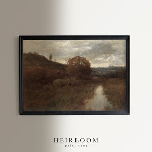 May include: A framed painting of a landscape with a river, trees, and a cloudy sky. The painting is in a dark brown frame.