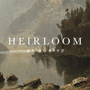 May include: An antique landscape painting featuring a serene lake scene with mountains in the background. The artwork is dominated by muted tones of gray, brown, and green. The text "HEIRLOOM print shop" is displayed in white.