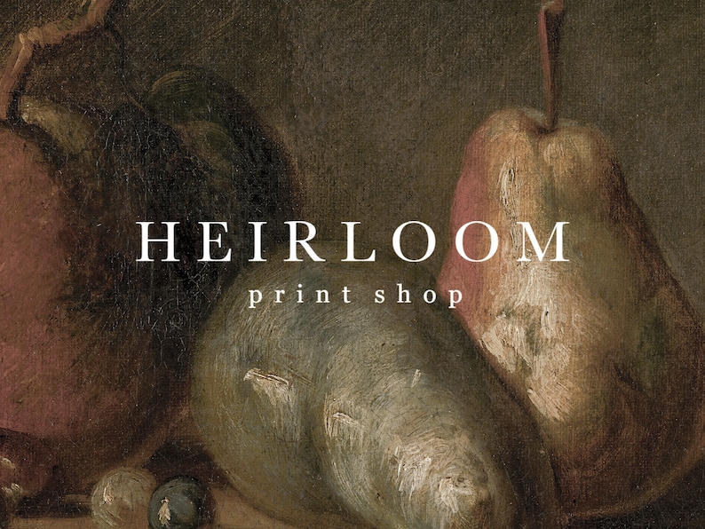 May include: A still life painting featuring ripe pears and other fruits in shades of brown, green, and pink. The text "HEIRLOOM print shop" is displayed in white, adding a vintage aesthetic to the artwork.