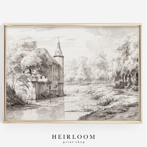 May include: A black and white drawing of a castle in a forest setting. The castle has a tall tower and is surrounded by trees. A river flows in front of the castle.