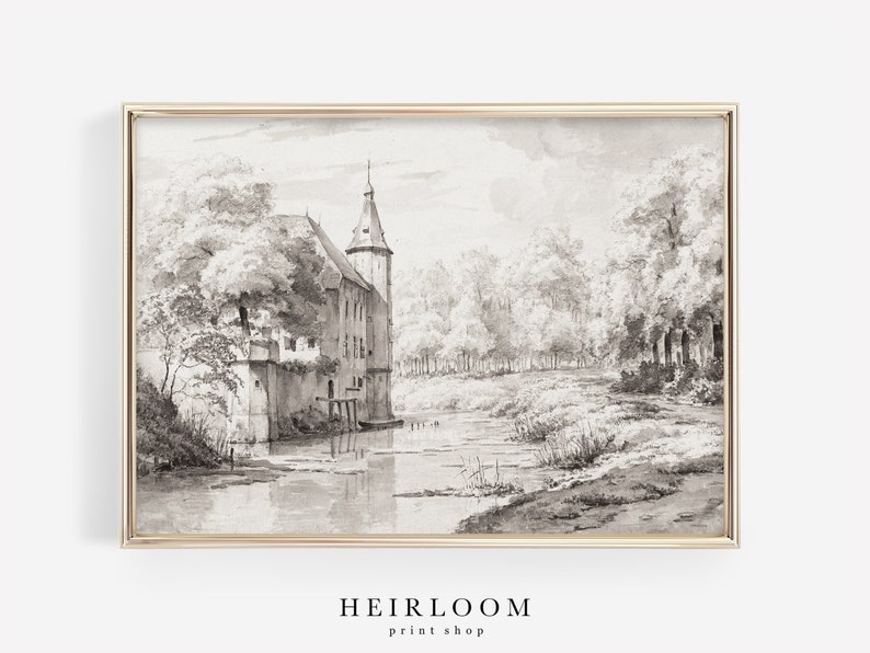 May include: A black and white drawing of a castle in a forest setting. The castle has a tall tower and is surrounded by trees. A river flows in front of the castle.