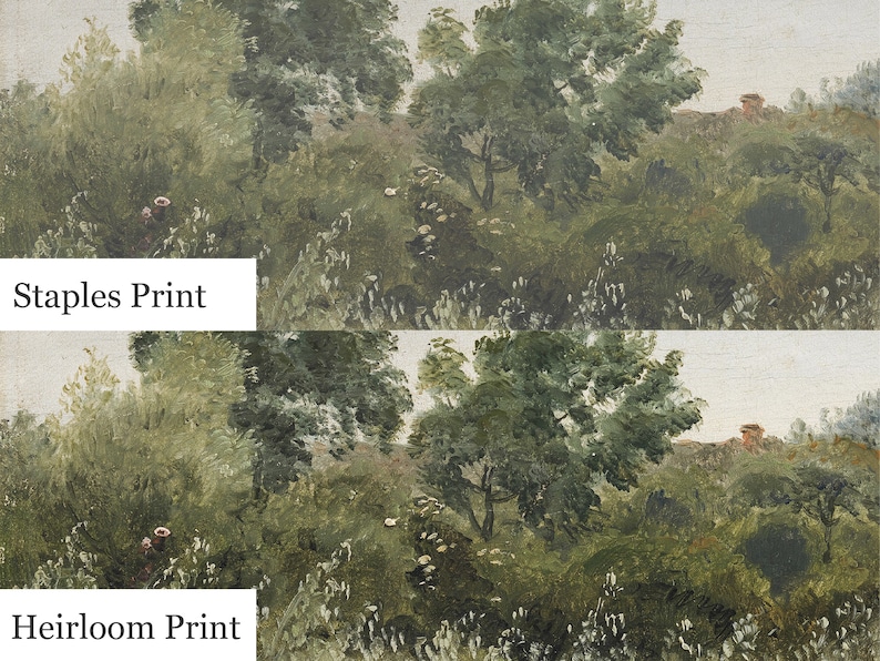 K&ouml;nnte beinhalten: Zwei Bilder eines Gem&auml;ldes, das eine Landschaft mit B&auml;umen und einem kleinen Haus in der Ferne zeigt. Das obere Bild ist mit "Staples Print" und das untere Bild mit "Heirloom Print" beschriftet.