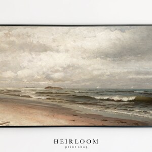 May include: A painting depicting a seascape with a sandy beach, foamy waves, and a cloudy sky. The painting is in a black frame.