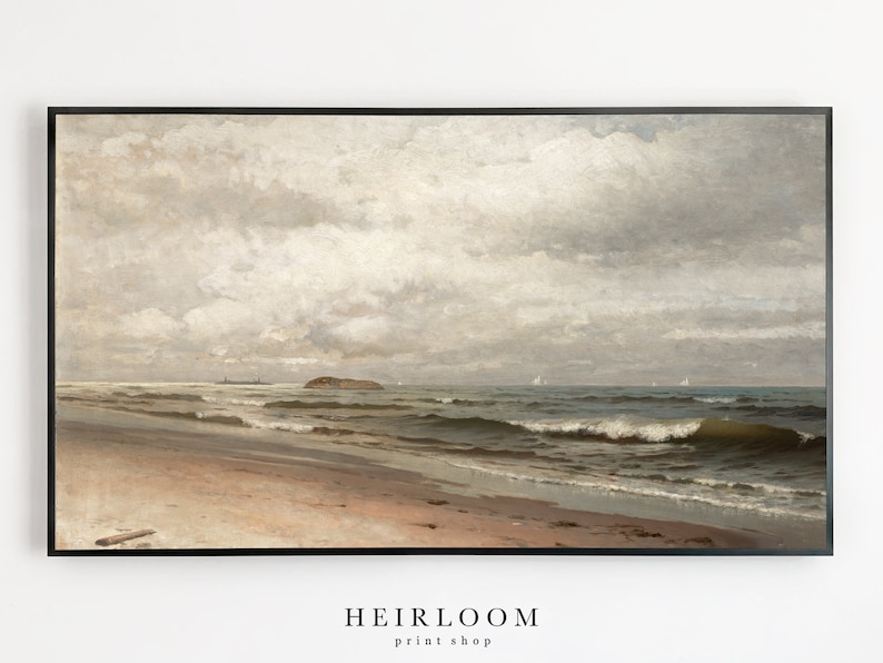 May include: A painting depicting a seascape with a sandy beach, foamy waves, and a cloudy sky. The painting is in a black frame.