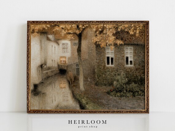 English Cottage Art | Vintage Fall Landscape Print | MAILED | Canal at Dusk