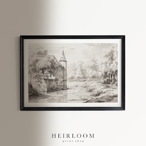 May include: A black and white vintage illustration of a castle with a tower, surrounded by trees and a river. The image is framed in a black frame.