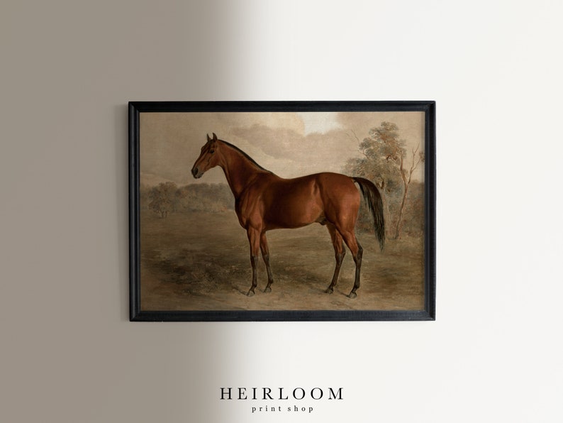May include: A framed vintage print of a brown horse in a field. The horse stands with its head turned to the left, set against a backdrop of trees and a cloudy sky. The print is in a black frame. The text "HEIRLOOM print shop" is at the bottom.