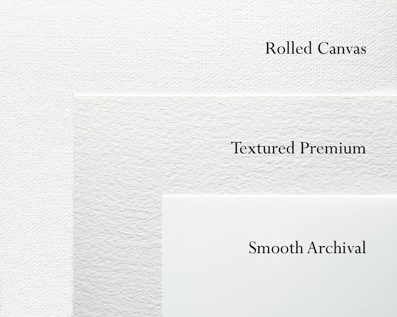 May include: Three white textured paper samples, labeled "Rolled Canvas", "Textured Premium", and "Smooth Archival".