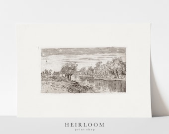 River Landscape Sketch | Vintage Etching | Heirloom ART PRINTS | River Sketch