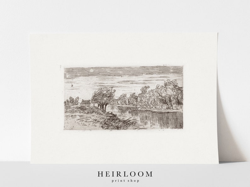 River Landscape Sketch | Vintage Etching | Heirloom ART PRINTS | River Sketch 