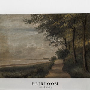 May include: A painting of a path leading through a forest towards a body of water. The sky is a muted gray with hints of blue. The trees are a dark green and the path is a light brown. The water is a light blue and the shore is a light brown.