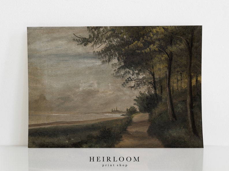 May include: A painting of a path leading through a forest towards a body of water. The sky is a muted gray with hints of blue. The trees are a dark green and the path is a light brown. The water is a light blue and the shore is a light brown.