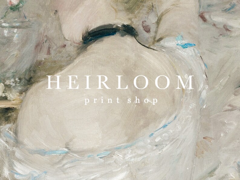 May include: A painting of a woman's back, with a blue and white dress, and the text "HEIRLOOM print shop" in white.
