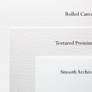 May include: A close-up of three white paper textures: Rolled Canvas, Textured Premium, and Smooth Archival. The Rolled Canvas has a woven appearance, the Textured Premium has a slightly rough surface, and the Smooth Archival is a clean, flat white.