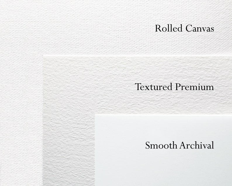 May include: A close-up of three white paper textures: Rolled Canvas, Textured Premium, and Smooth Archival. The Rolled Canvas has a woven appearance, the Textured Premium has a slightly rough surface, and the Smooth Archival is a clean, flat white.
