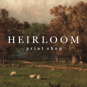 May include: An antique landscape painting featuring a green field with grazing sheep and trees with brown and green foliage. The text "HEIRLOOM print shop" is displayed in white.
