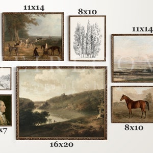 May include: A gallery wall of framed artwork featuring various landscapes, portraits, and nature scenes. The frames are all brown wood and the artwork is in a variety of styles. The sizes of the frames are 5x7 inches, 8x10 inches, 11x14 inches, and 16x20 inches.