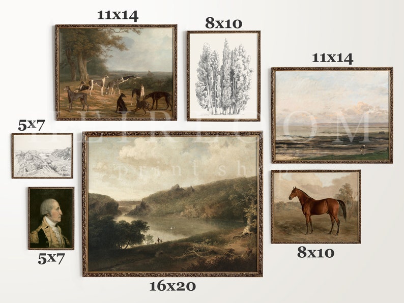 May include: A gallery wall of framed artwork featuring various landscapes, portraits, and nature scenes. The frames are all brown wood and the artwork is in a variety of styles. The sizes of the frames are 5x7 inches, 8x10 inches, 11x14 inches, and 16x20 inches.