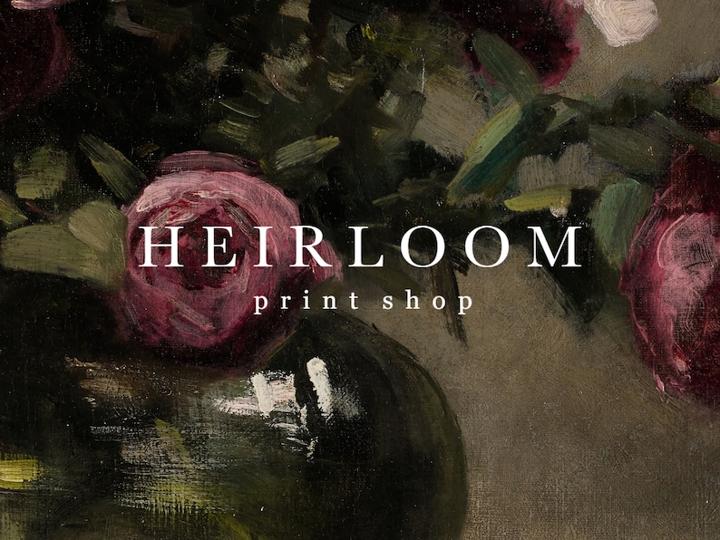 May include: A vintage-style oil painting showcasing a bouquet of deep red roses and green leaves. The text "HEIRLOOM print shop" is displayed in white. The dark background accentuates the rich colours of the flowers, creating a classic and elegant feel.