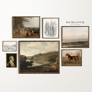 May include: A gallery wall featuring nine framed prints, including a landscape with a river, a portrait of a man in a military uniform, a black and white illustration of trees, and a painting of a horse in a field. The text "HEIRLOOM print shop" is visible in the top right corner.