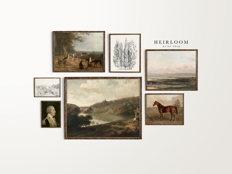 May include: A gallery wall featuring nine framed prints, including a landscape with a river, a portrait of a man in a military uniform, a black and white illustration of trees, and a painting of a horse in a field. The text "HEIRLOOM print shop" is visible in the top right corner.