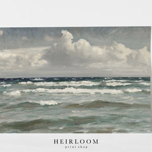 May include: A painting of a seascape with a cloudy sky and choppy waves. The water is a light blue-green color and the clouds are white and gray.
